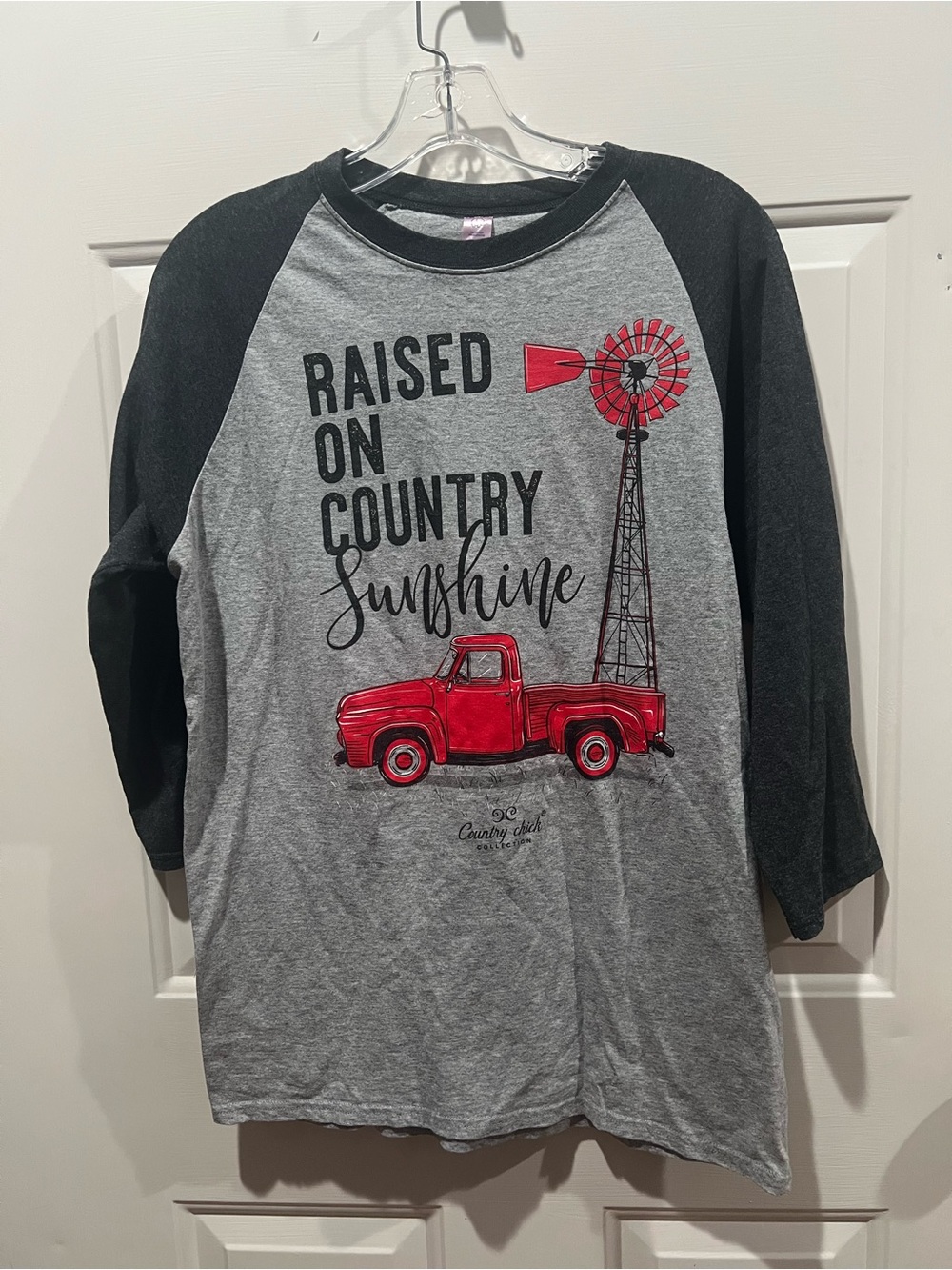 Raised On Country Sunshine Raglan Tee - Gray & Black with Red Truck